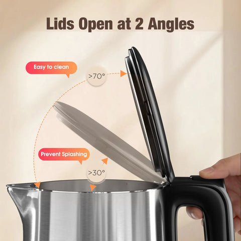 1.7L Electric Kettle With Touch Screen Control, Fast Boil, Auto Shut Off, Double Wall Design, Six Temperature Presets, lid opening angles