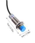 Inductive Proximity Sensor CHE18-8NA-A710 with blue cap and metal body, showing dimensions 7cm x 3cm with bracket
