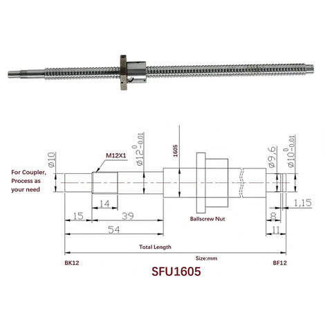 Pro Grade 16Mm Cnc Ballscrew Kit SFU1605 Anti Backlash Linear Rod 260Mm diagram with dimensions and specifications visible.