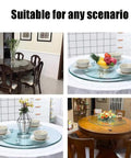 Top Shelf Thick Tempered Glass Lazy Susan Rotating Serving Tray Easy Peasy Clean Spinner centerpiece on various dining tables.