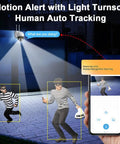 5MP PTZ Outdoor Security Camera With Humanoid Detection tracking person at night with phone display and spotlight activation