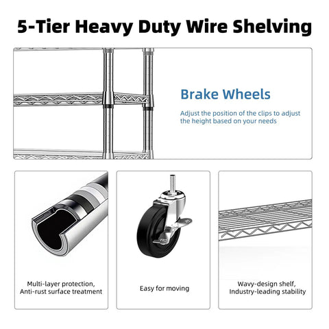 Tough As Nails Five Tier Chrome Wire Shelving Rack With Locking Casters And Nsf Certification For Kitchen Garage Or Home Office Storage Up To Three Hundred Fifty Pounds Per Shelf showcasing brake wheels and adjustable height features.