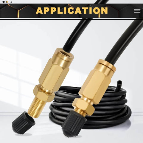 Two Pack Schrader Valve Adapter With Push To Connect Button For One Quarter Inch OD Air Hose Fittings For Semi Trucks And Trailers DOT Certified High Pressure Inflation Valve Up To Two Hundred PSI displayed with coiled black air hose.