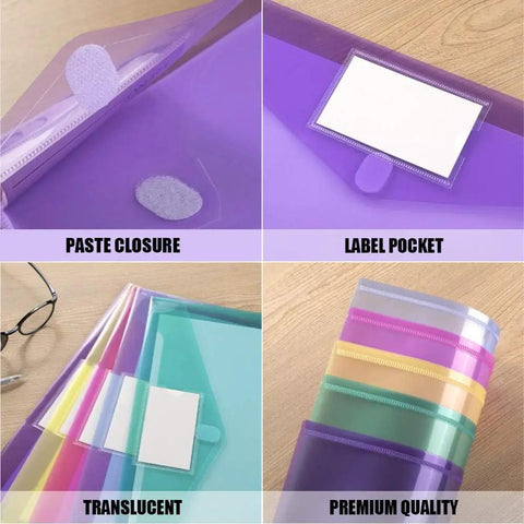 10 Pack Clear File Folders With Transparent Envelopes, assorted color poly document folders with label pockets for organization