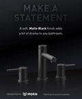 Matte black bathroom faucet with modern design, emphasizing statement in bathroom decor, matching accessories available from Moen.