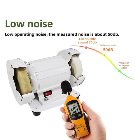 Rock Solid Dual Wheel Polisher Delivering A Snappy 3000 RPM Spin For Quick And Flawless Finishing On Lenses Metal And Wood with noise measurement at 50dB.