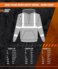 Size chart for American Grit High Visibility Hoodie For Men, Class 3 Type R, ANSI ISEA 107-2020, highlighting chest, length, sleeve measures.