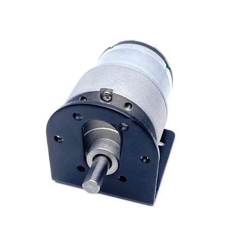 DC 12V Reduction Gear Motor Featuring Optical Encoder For Dead On Precision Tuning And 20 To 1 Ratio Rock Solid Build side view with mount.