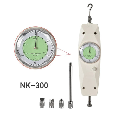 Analog Push Pull Thrust Tester Force Gauge With Pointer Display Dynamometer For Tension And Compression Measures Up To 300N And 30KG Load Testing Tool For Industrial Use, NK-300 with hooks and tips