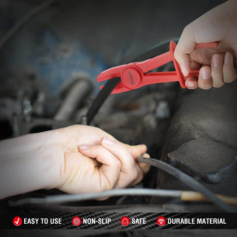 Hands using 6 Piece Hose Clamp Set With Pinch Clamp Pliers For Flexible Hoses Fuel Gas Brake And Radiator Lines in engine bay.