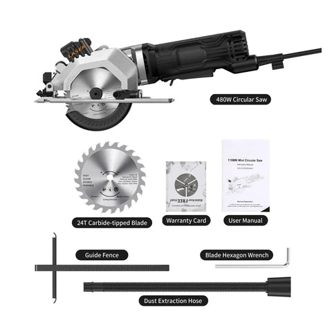 Professional Handheld Electric Circular Saw Featuring Quick Set Cutting Guide And High Torque Copper Motor Slams Right Through Plywood Tile And Plastic Pipes With Dead Steady 3500 Rpm Speed showing 480W model and accessories.