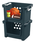 Slick And Hella Spacious Open Front Stackable Storage Basket With Fold Over Handles Galactic Teal Plastic Organizer Bin For Toys And Books filled with sports balls.