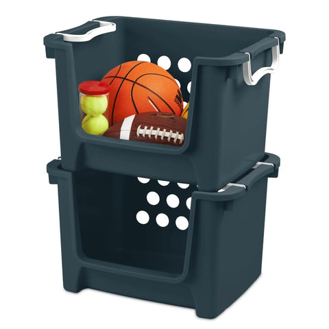 Slick And Hella Spacious Open Front Stackable Storage Basket With Fold Over Handles Galactic Teal Plastic Organizer Bin For Toys And Books filled with sports balls.