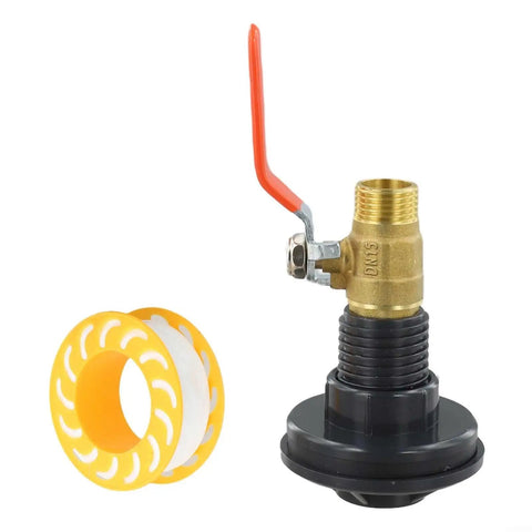 Rock Solid One Half Inch Brass Ball Valve With Bsp Male Threads For Water Line Connections Built Tough For Long Haul Performance And Super Easy Diy Installation with orange handle and tape.