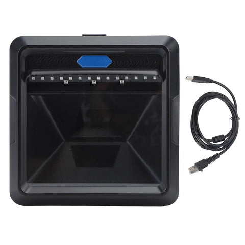 Front view of a fast desktop barcode scanner with IR sensing for supermarkets and retail stores, rugged ABS housing, USB cable included.