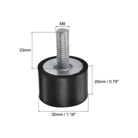 Heavy Duty M8 Rubber Mounts Four Pack Male Thread Vibration Damped Shock Absorbers For Shop Engines And Watercraft with dimensions.