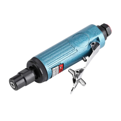 Slick Compact Air Pneumatic Angle Grinder For Fast Cut Through Metal And Rust With No Fuss Handling And Smooth Quiet Grinding Action For Any Pro Shop Or Garage In Metallic Blue side view with trigger and hose attachment.