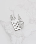 Crimp mounting clamp, silver metal, front view with multiple holes for infrared heating foil installation
