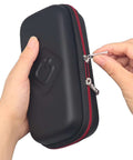 Person holding a Slick Flash Drive Case and USB Stick Organizer, showing zipper closure in black and red design for thumb drives.