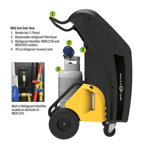 Shop Floor Legend R1234yf Auto AC Refrigerant Recovery Recycle Recharge System With Wireless Sync Seven Inch HD Touchscreen Oilless Pump Made In Usa viewed from the side showing handle bar and 30 lb recovery tank.