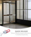 Two Pack Adjustable Toggle Clamps With Lock Hole shown with quick release feature by glass doors for industrial use