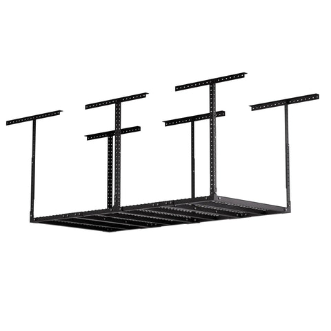 3X8 Ft Overhead Garage Storage Rack With Adjustable Drop Ceiling Hang Shelf Heavy Duty Metal Grid Holder For 600 Lbs Black view of mounted storage rack.