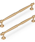 Real Deal Solid Brass Cabinet Pulls With Slick Brushed Gold Finish Rock Solid Heavy Duty Drawer Handles For Kitchen Island Swaps And Bathroom Vanity Refreshes Exactly 7 1/2 Inch Span 5 Pack Set shown from above with details of texture and design.