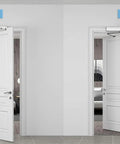 Wireless Swing Door Operator With Square Handicap Push Buttons And Built Tough Stainless Steel Electric Strike For Commercial Entrances shown in inswing and outswing door configurations.