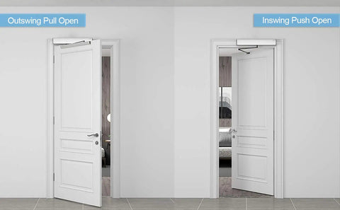 Wireless Swing Door Operator With Square Handicap Push Buttons And Built Tough Stainless Steel Electric Strike For Commercial Entrances shown in inswing and outswing door configurations.