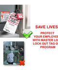Lockout Tagout Electrical Plug Lockout Device For 220-550 Volts With OSHA Compliant Safety Lock shows installation warnings.