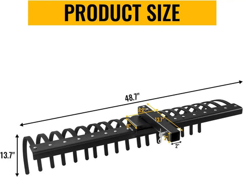 49 Inch Pine Straw Rake For Tractors With 17 Spring Steel Tines For A 2 Inch Receiver Fits Lawn Tractors And ATV UTV Wide Debris Dethatching Attachment For Clearing Brush Lawns Arenas product size diagram showing dimensions and tine arrangement.