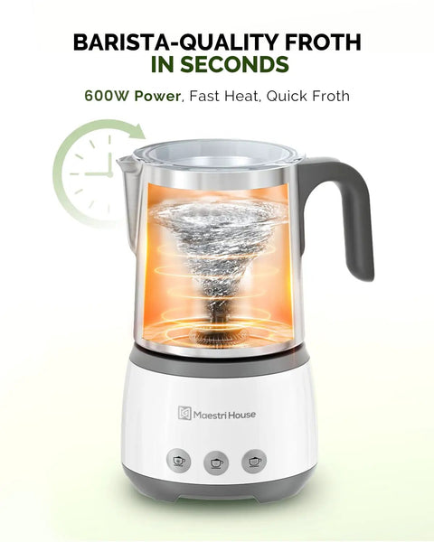 4 In 1 Barista Quality Electric Milk Frother And Steamer With 16.9 Ounce Capacity 600W Power Smart Touch Control shown frothing milk
