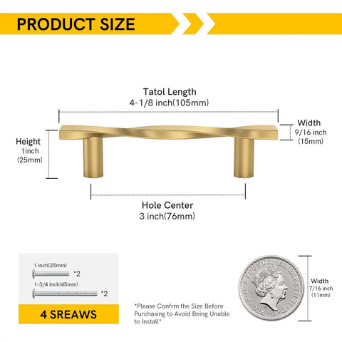 Heavy Hitter Gold Cabinet Pulls 20 Pack With 3 Inch Hole Centers And Hefty Zinc Alloy Drawer Handles showing dimensions and screw details.