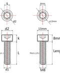 Epic Titanium Grade 5 M8 X30mm Hex Allen Socket Head Cap Screws Pack Of Four 1.25mm Pitch Din 912 detailed dimensions diagram.