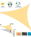 Sun Shade Sail 12 Ft By 12 Ft By 12 Ft Triangle Sand Canopy UV Block Sunshade for patio with HDPE fabric, shown installed and material colors.