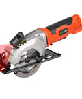Heavy Duty Mini Circular Saw With Beefy 4 Amp Motor And Crisp Laser Sight For Dang Clean Cuts On PVC Laminate Drywall And 2x4s Featuring Slick Dust Collection Port, close-up view of laser guide and blade.