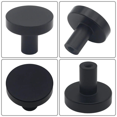Sleek Matte Black Cabinet Knobs And Dresser Handles 30 Pack Heavy Duty Aluminum Alloy Kitchen Drawer Pulls Waterproof Rust Resistant Top Shelf Hardware To Level Up Your Living Space Today showing four angles of round matte black knobs.