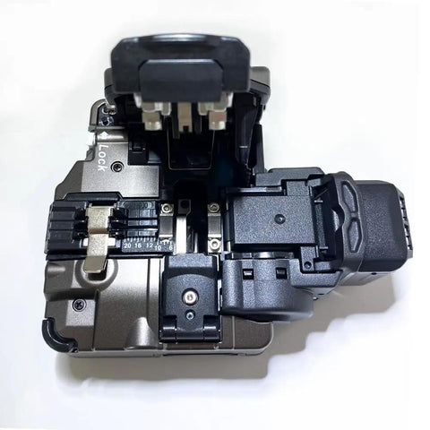 Pro Grade Optical Fiber Cleaver Featuring Motorized Blade And Automatic Rotation Bluetooth Sync for seamless splicing, close-up view of cleaver mechanism.