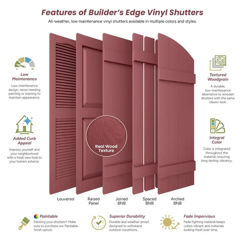 Features of Builder's Edge Vinyl Shutters showcasing different styles, colors, and textures for curb appeal.