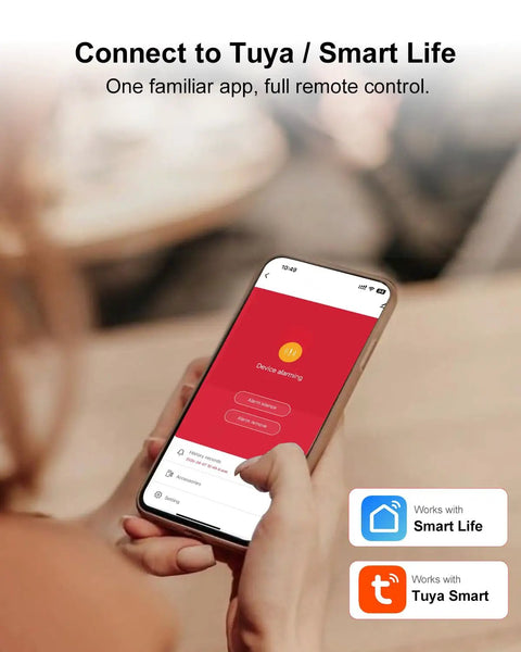 Person holding smartphone with Wireless Home Security System With WiFi App Alerts Alexa Compatible interface in hand