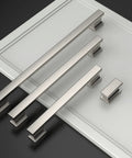 10 Pack Brushed Satin Nickel Cabinet Pulls 7 Inch Hole Centers on white panel, modern sleek look