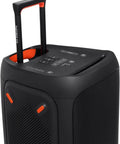 Close-up of Partybox 310 portable party speaker with 240 watts of power, featuring control panel and handle for portability.