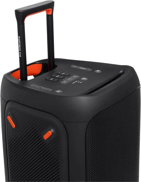 Close-up of Partybox 310 portable party speaker with 240 watts of power, featuring control panel and handle for portability.