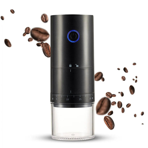Portable Electric Coffee Grinder With Ceramic Burrs And Digital Scale, Usb Rechargeable Cordless Design For Espresso Drip French Press, sleek black design with beans around.