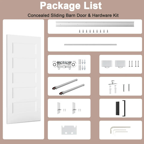 Premium 36X84 Inch 5 Panel Concealed Sliding Barn Door With Hassle Free Smooth Glide Track And Slam Free Soft Close Hardware components and instructions