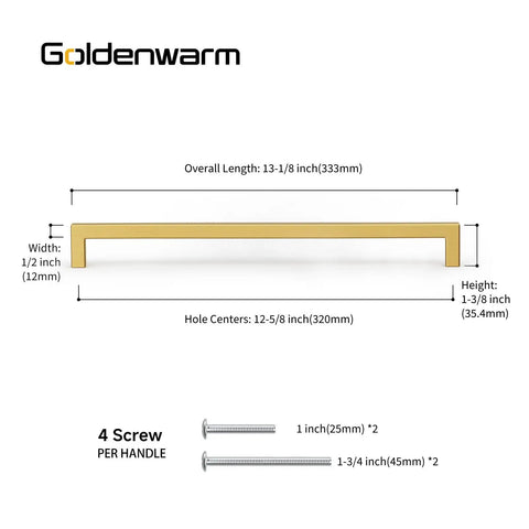 30 Pack 12 Inch Premium Stainless Steel Cabinet Handles And Drawer Pulls Slick Brushed Gold Finish Kitchen And Bathroom Hardware with detailed dimensions.