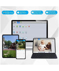 Smart devices showcasing Badass 8MP 4K Outdoor POE Dome IP Security Camera features with live surveillance on tablets and smartphones.