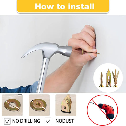 Top Shelf Drywall Self Drilling Anchor And Screw Hardware Kit Arrives In A Super Handy Two Hundred Piece Set showing installation with a hammer.