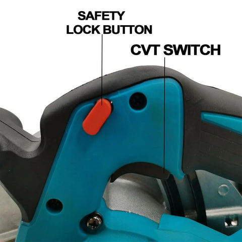 No Cord Hassle Cordless Circular Saw 18V Lithium Power Tool safety lock button and CVT switch close-up detail.