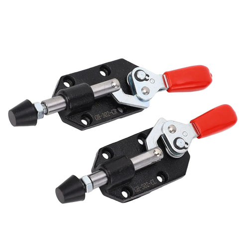 Beefy Cast Iron Push Pull Toggle Clamp With 20mm Stroke And 500 Lbs Holding Capacity, Built Tough Heavy Duty Clamp Tool For Woodworking, Welding, Molding, And Mould Making, Plastic Sleeve Handle. Two cast iron toggle clamps with red handles